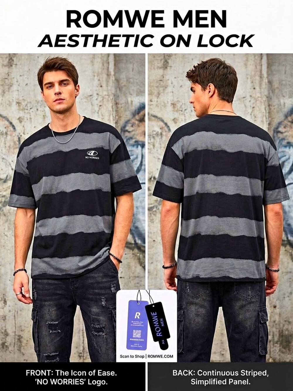 ROMWE Men’s L Black/Gray Striped Crew Neck Short Sleeve "NO WORRIES" Logo Tee